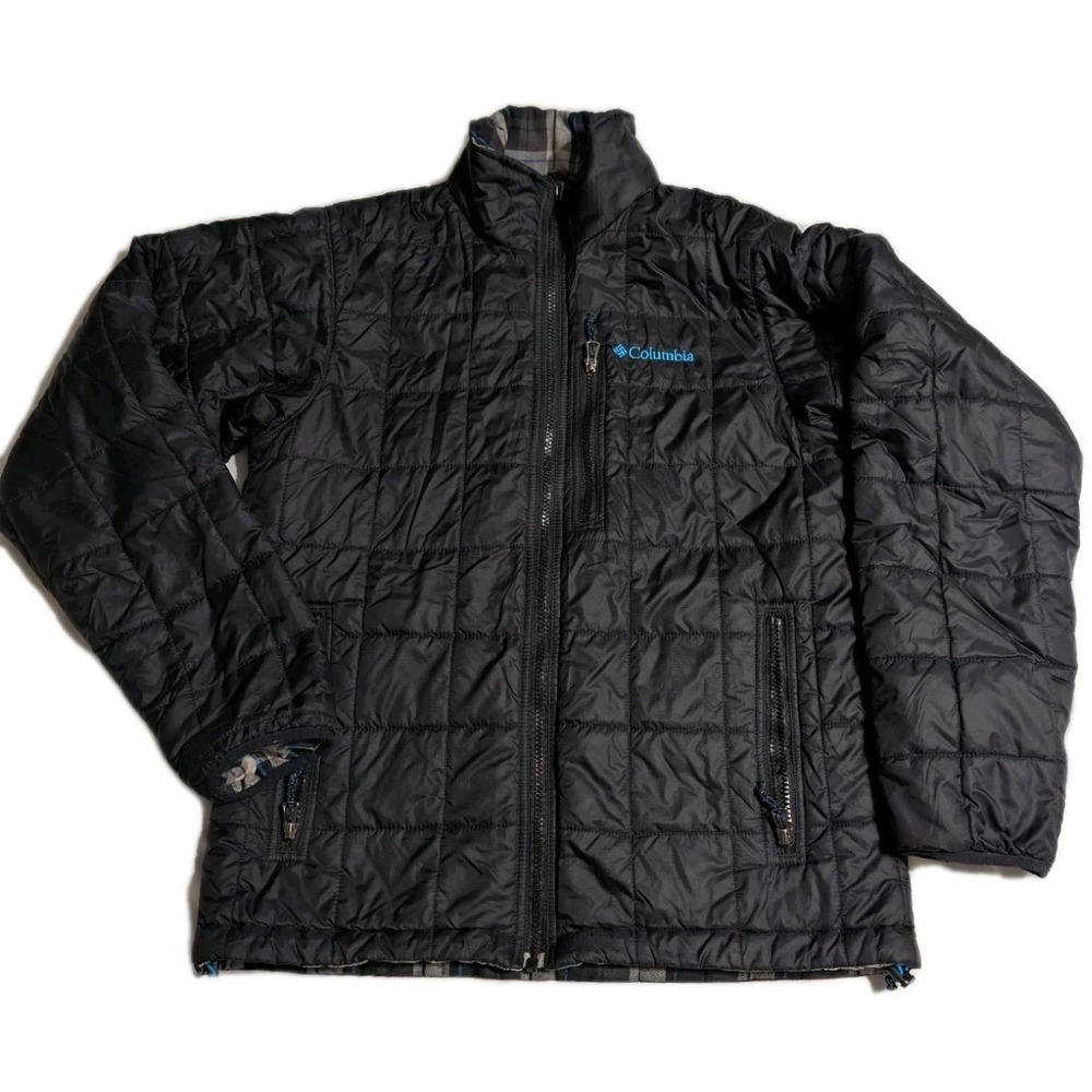 Columbia Men's Reversible Quilted Jacket Medium Black Plaid‎ Insulated